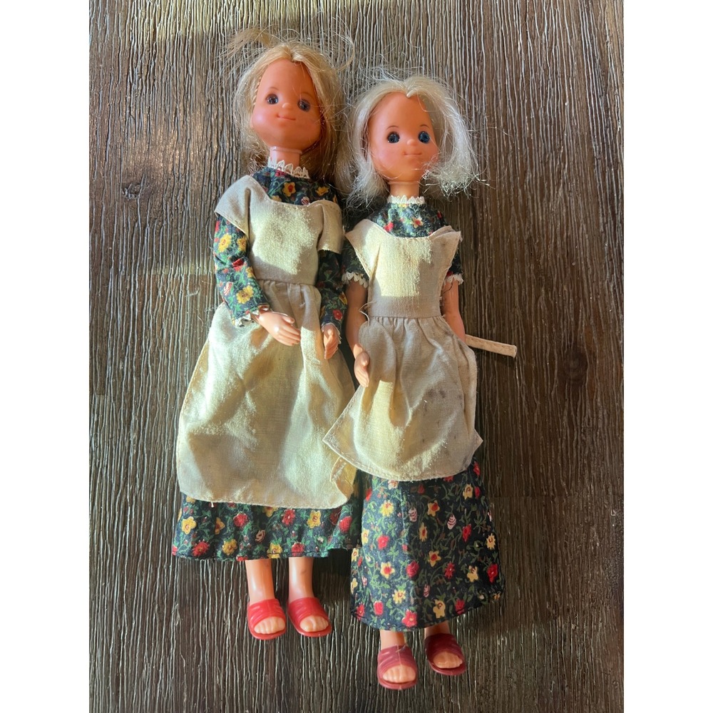 Vintage Pair Floral Prairie Dolls with Aprons and Red Sandals 9 Inch Retro Toys